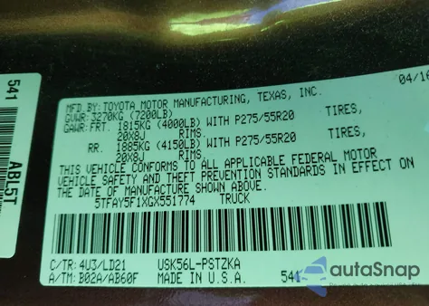 2016 Toyota Tundra 1794 5.7L V8 z USA, uszkodzony, nr VIN 5TFAY5F1XGX551774